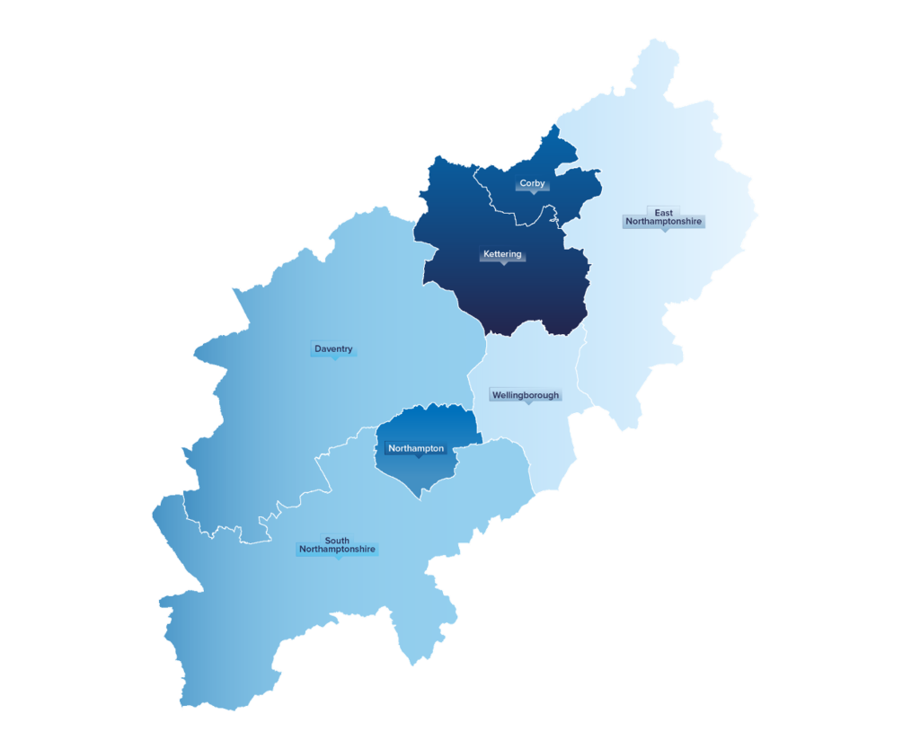 Map of Northamptonshire highlighting the four IAG areas