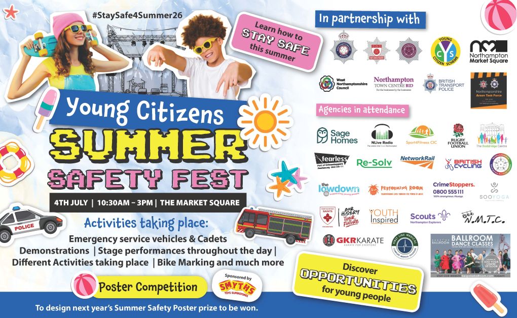 A poster for the Young Citizens Summer Safety Fest on Saturday, July 4, 2026, in Northampton