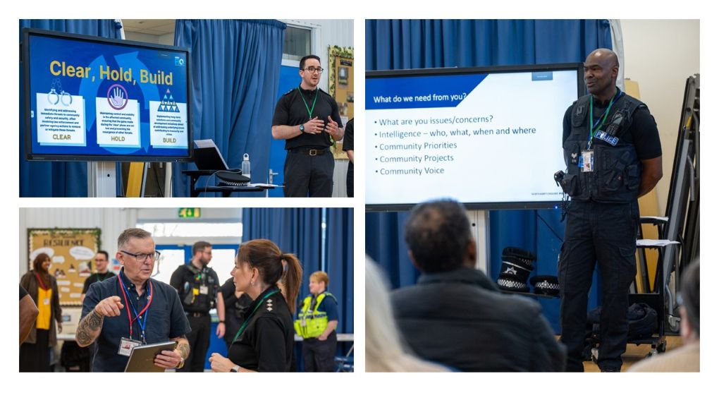 A montage of photos of police officers talking with members of the public